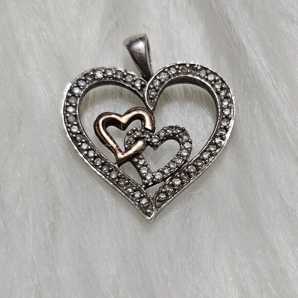 SIGNED SUN STERLING SILVER AND 14 K GOLD AND DIAMONDS HEART PENDANT - Picture 1 of 6
